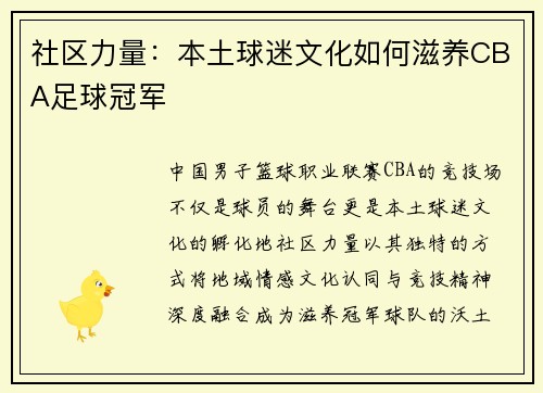 社区力量：本土球迷文化如何滋养CBA足球冠军