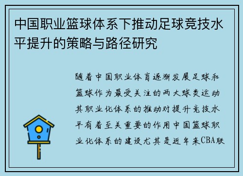 中国职业篮球体系下推动足球竞技水平提升的策略与路径研究